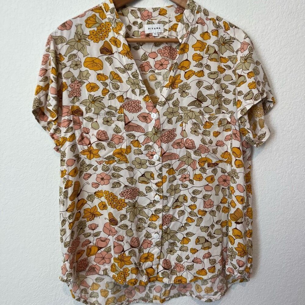 Piyama Floral Print Short Sleeve Button Down Pajama Top Women's Size Medium